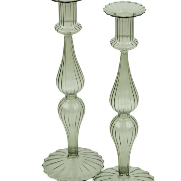 Skleněný svícen na kónickou svíčku zelenošedý - 27 cm - set