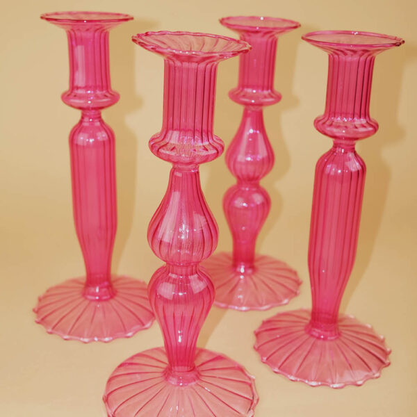 Skleněný svícen na kónickou svíčku - výrazně růžový - 20 cm - set 4ks